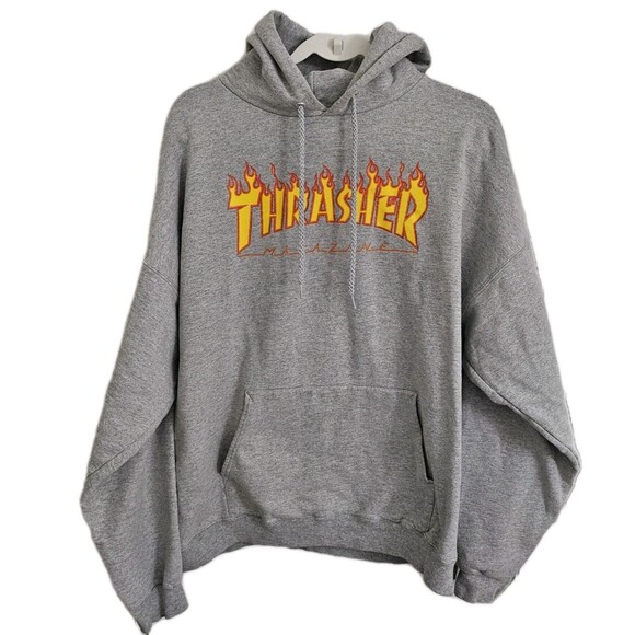 Thrasher Magazine Hoodie Mens XL Gray Yellow Flames Skater Sweater Skateboarding - Picture 1 of 9